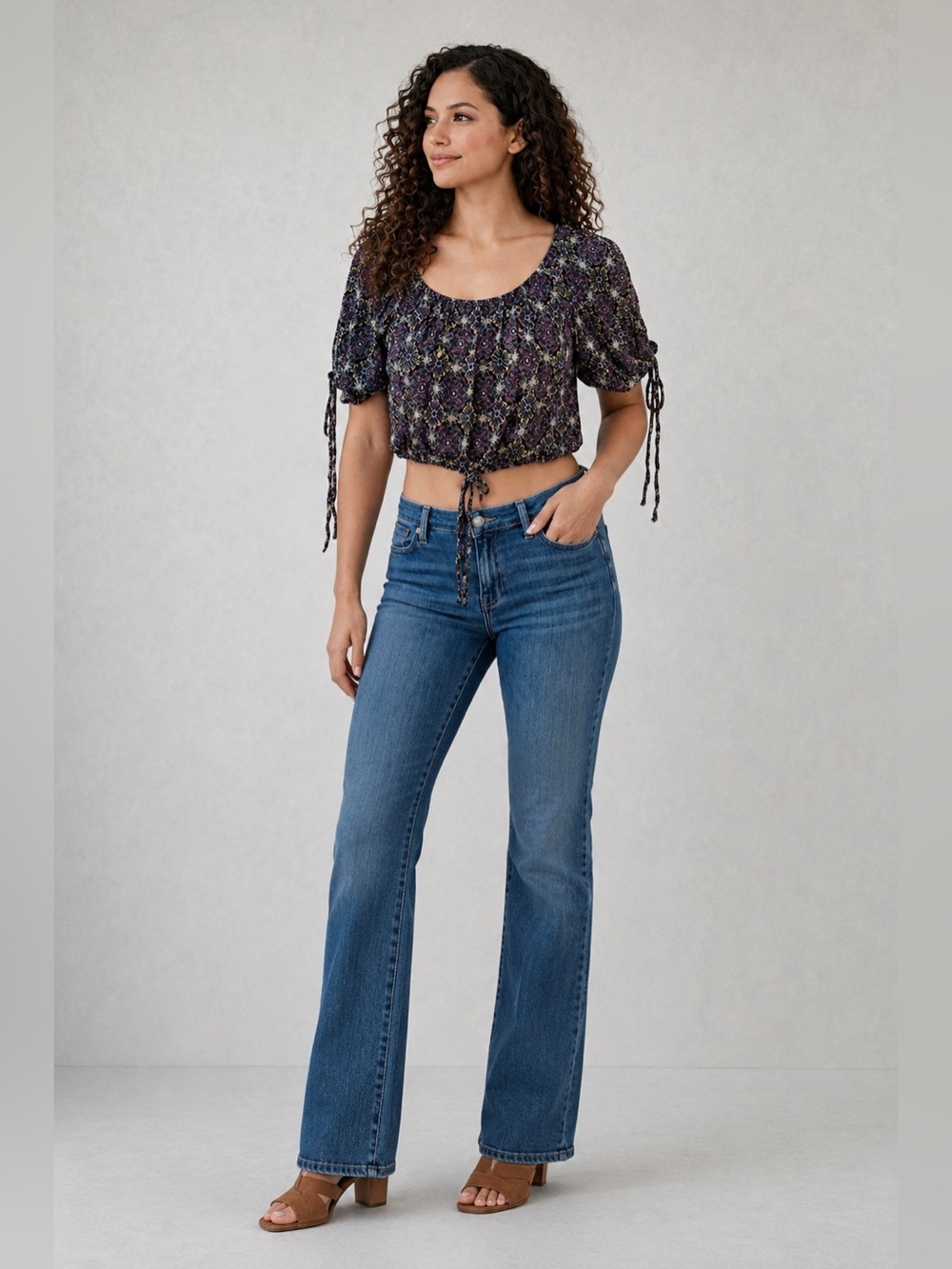 Free People Medium Printed Crop Top Gathered Sleeve